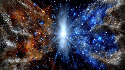 Vibrant cosmic explosion, swirling colors of orange and blue, representing the birth of stars in a stunning galaxy scene.