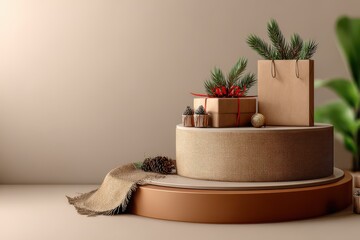 Natural decor arrangement, elegant display of terracotta pots and plants on a wooden surface, warm and inviting atmosphere.