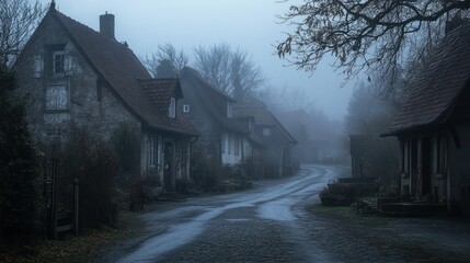 Misty village street with old buildings on a gloomy, overcast day.