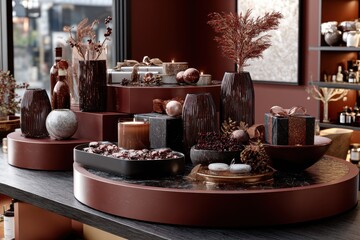 Elegant coffee display, modern café setting with artisanal mugs and rich coffee beans, perfect for beverage enthusiasts.