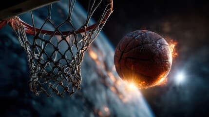 Cosmic basketball game, futuristic hoop in space, celestial bodies lighting up the scene, vibrant colors and dynamic details.