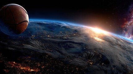 Distant celestial view, vibrant planets orbiting a glowing star, showcasing the beauty of the cosmic landscape in space.