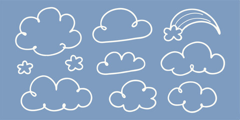 Hand-drawn Cloud Set: Cute Cartoon Clouds, Rainbow, Stars