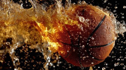 Basketball bursting with flames, dynamic sports theme showcasing explosive energy and action, ideal for promotional media.