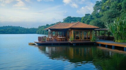 Fototapeta premium A serene lakeside pavilion with wooden accents and natural surroundings.