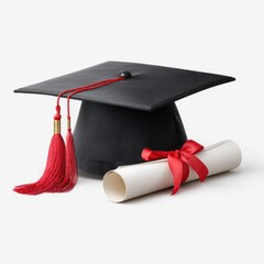 Graduation cap and diploma on white background isolated on white background