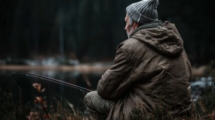 Man in brown hoodie sitting in a serene forest, reflective mood, nature theme, perfect for outdoor lifestyle content.