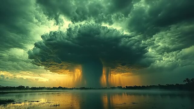 Dramatic thunderstorm over serene lake at sunset with rain showers creating an eerie atmosphere