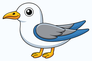 Cute Cartoon Seagull Illustration White Head, Gray Wings, Blue Accents, and Yellow Feet and Beak