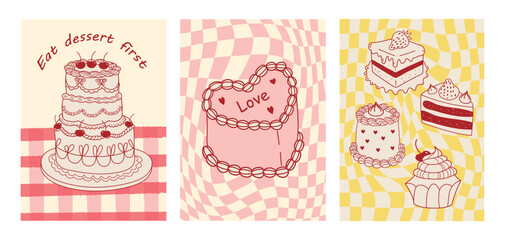 Set of hand drawn vintage birthday posters with cakes on checkered background. Whimsical vector treats. Hand drawn cakes. Sweet coquette style. Contemporary art  illustrations. 