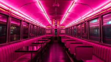 Obraz premium Pink Neon Diner Train Interior.