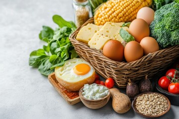 Healthy breakfast foods eggs cheese and vegetables