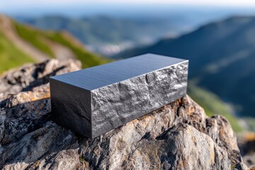 Reflective modern structure atop rocky mountains, sleek design contrasting with natural surroundings, ideal for outdoor events.