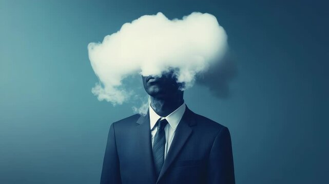 Conceptual Business Portrait of Man with Cloud Over Head, Representing Confusion, Overthinking, and Mental Fog in Corporate Environment