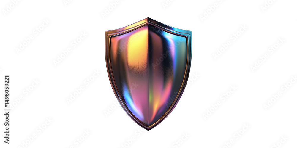 Poster colorful metallic shield. symbol of protection and security in digital context isolated on transpare