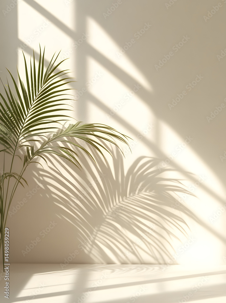 Poster palm leaf shadows create patterns on a white wall and a pastel cream floor. an artistic summer mock-