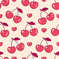 Cute Seamless Pattern: Pink Cherries and Hearts
