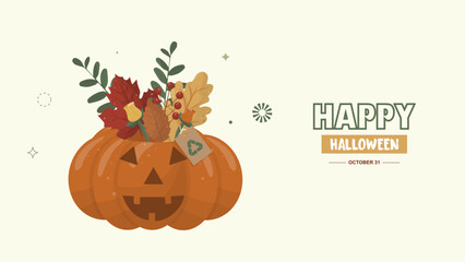 Eco-Friendly Halloween Pumpkin Greeting Card. Sustainable Halloween greeting card. Happy halloween concept. Halloween banner. Pumpkin with recycling tag. Flat style. Vector illustration