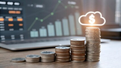 Cloud computing cost efficiency savings. Stacked coins with glowing cloud symbol. Automation performance management, resource optimization, budget. Financial technology, digital transformation, data
