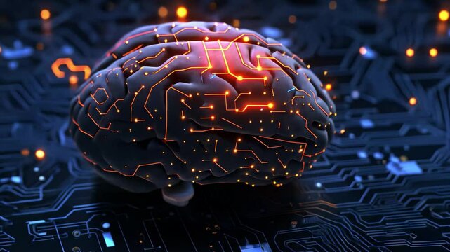 Neural interface connects human brain to advanced computational technology illustrating the fusion of biology and electronics in modern research