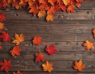 Vibrant red and orange maple leaves scattered on rustic wood , vibrant, yellow