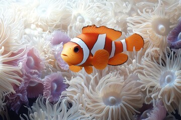 Clownfish swims in anemone