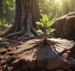 Tiny tree seedling pushes through weathered stump, sunlight illuminating leaves, old, young, horizontal
