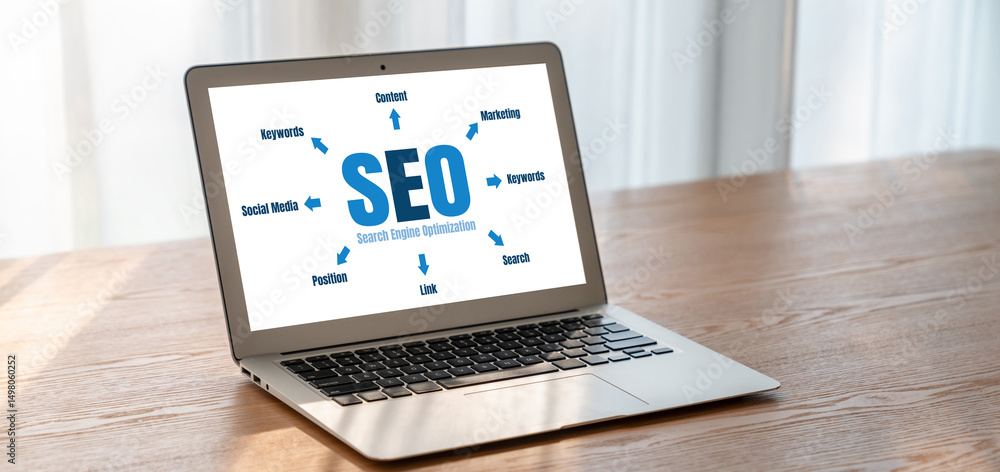 Aufkleber seo search engine optimization for modish e-commerce and online retail business showing on computer 
