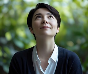 A Gaze Full of Hope with a Smile Looking Up at the Sky