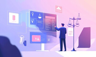 Businessman interacts with a large holographic display filled with legal data