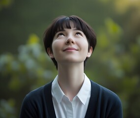 A Gaze Full of Hope with a Smile Looking Up at the Sky