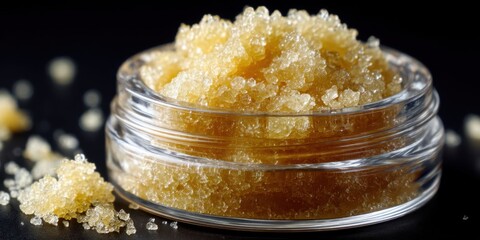 Close-up of Golden THCa Cannabis Sugar in Tin Jar on Dark Background