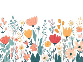 Naklejka premium Colorful Cartoon Flower Garland on White Background – Hand-Drawn Floral Border Illustration