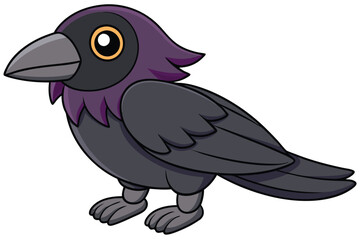Cartoon Illustration of a Dark Grey Crow with Purple Feathers and Orange Eyes