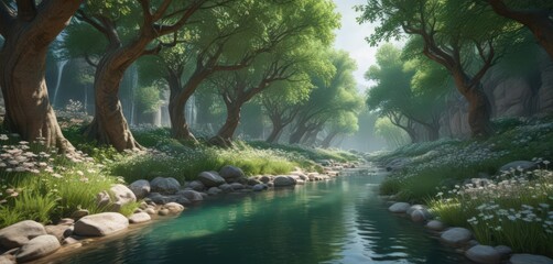 Emerald canopy arches over crystal stream, blossoms abound , fresh, water, blossom