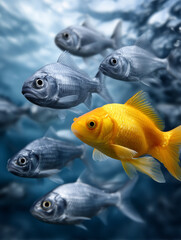 Fototapeta premium Vibrant Fish goldfish Swimming among blue fish