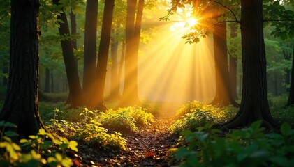 Obraz premium Golden hour sunlight streams through leaves, illuminating a forest floor with a warm, ethereal glow Perfect for nature, serenity, and peaceful themes , tranquility, organic, serene