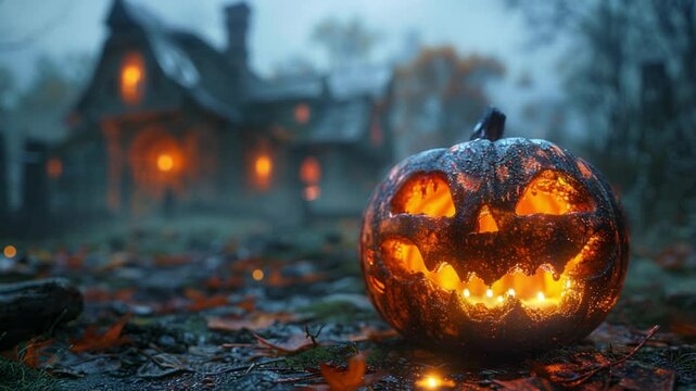 lentera labu halloween di depan rumah hantu