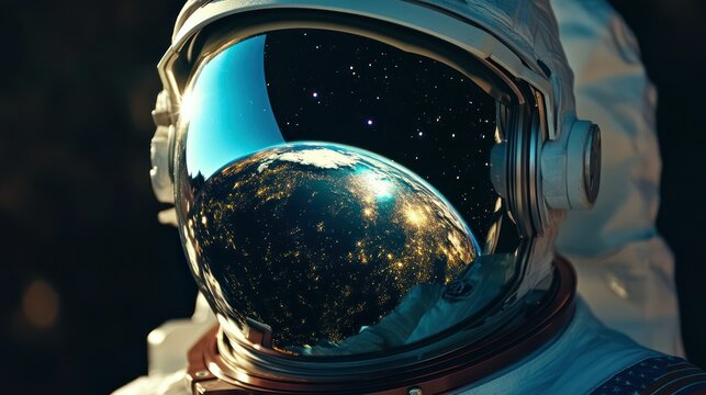 Close-up of astronaut's helmet reflecting planet Earth and stars.