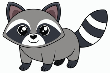 Cartoon Raccoon Illustration Gray Fur, Striped Tail, and Big Eyes Standing Still
