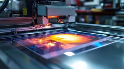 Close-up of modern industrial printing machine with abstract colorful design.