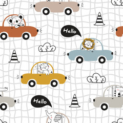 Cute seamless vector pattern with animal cars. Elephant, tiger, koala, crocodile and lion driving happily. Cartoon transportation background. Ideal for kids' fabric, textile, wrapping, and apparel.