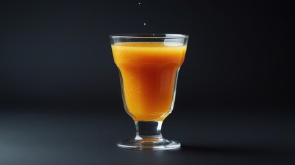 A transparent glass with bright orange juice stands on a dark background. The contrast emphasizes the juiciness of the drink. A feeling of freshness and morning vigor.