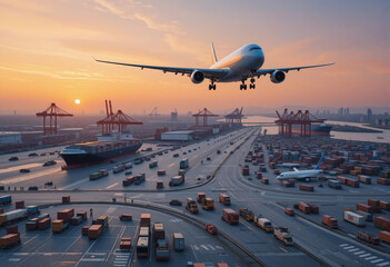 A large white airplane is flying over a busy airport with many trucks