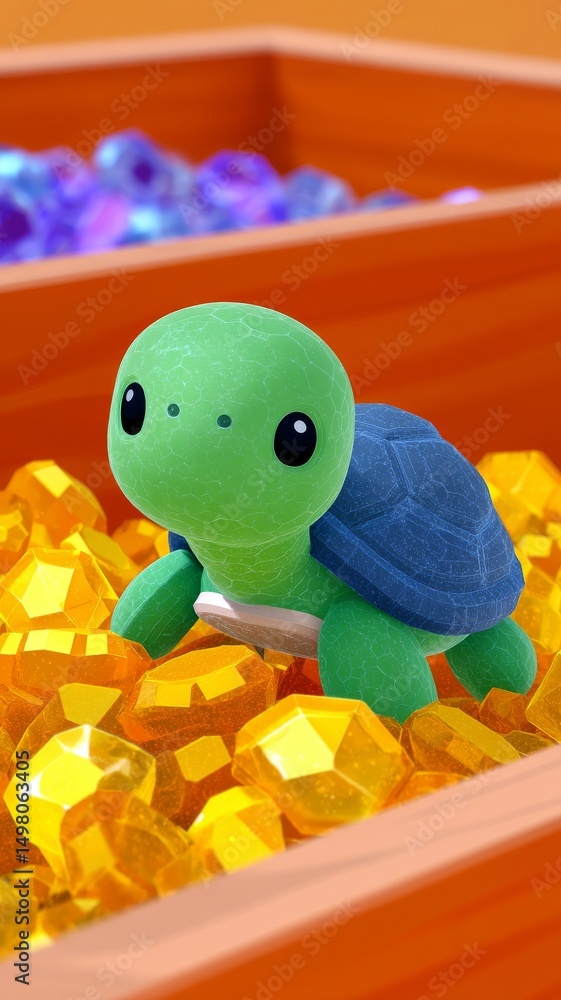 Poster cute turtle character surrounded by sparkling gems and crystals in a colorful setting