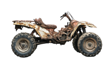 Dirty, old, and rusty ATV is parked on a white background