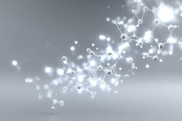 Cluster of light molecular nodes softly glowing in bottom center on light gray solid backdrop with empty space,