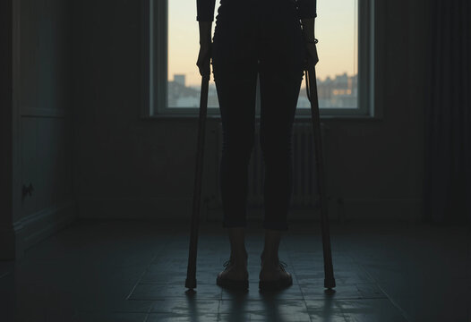 A woman with a cast on her leg is standing in a dark room