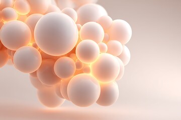 Cluster of molecular spheres softly glowing near bottom right on soft cream solid background with spacious layout,