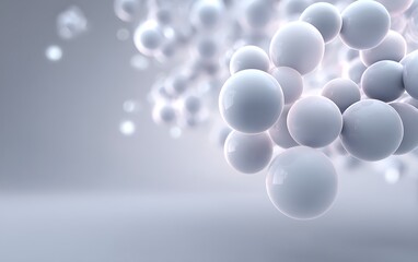 Cluster of molecule spheres floating in lower corner on soft gray-to-white background with negative space,